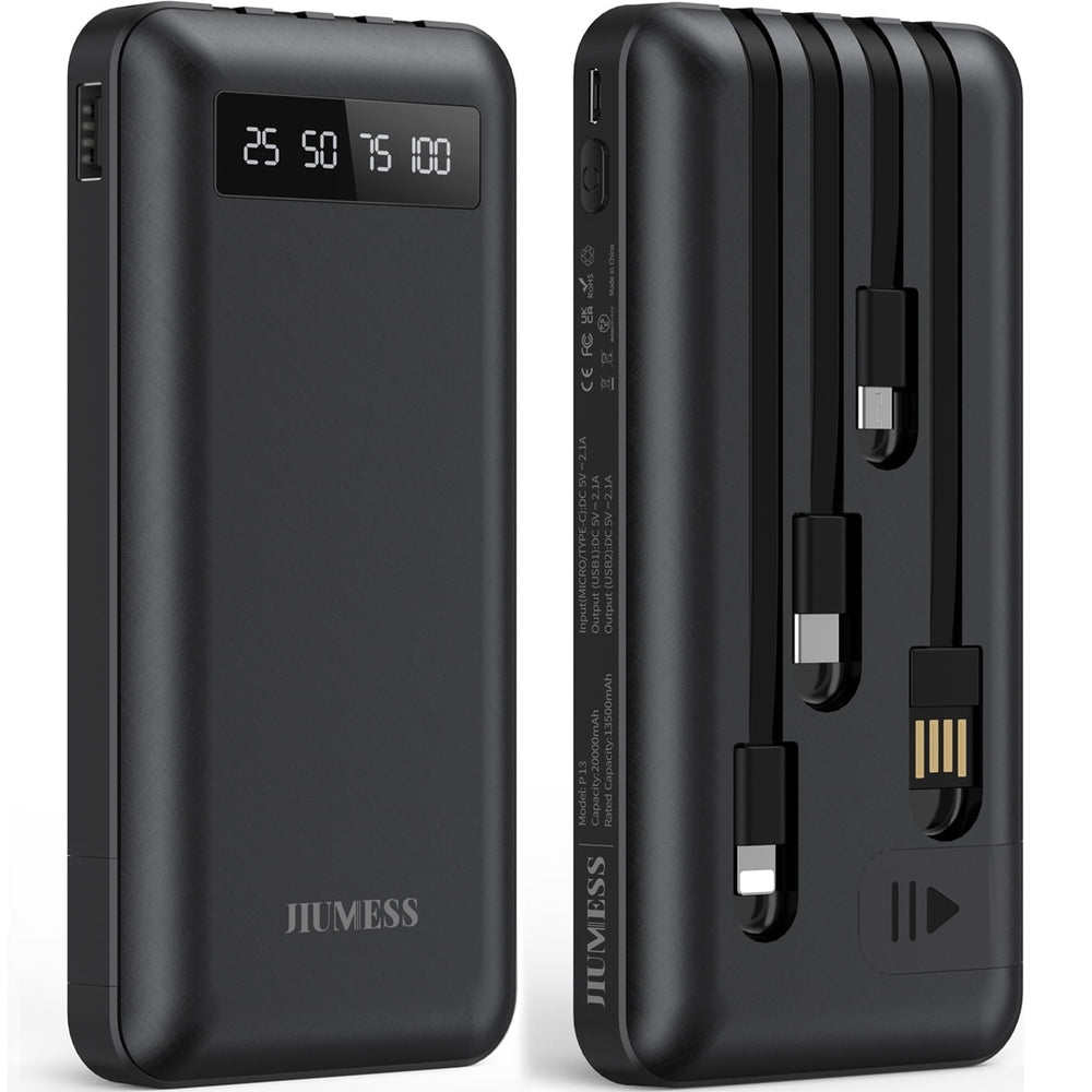 20,000mAh power bank shown front and back with four built-in charging cables